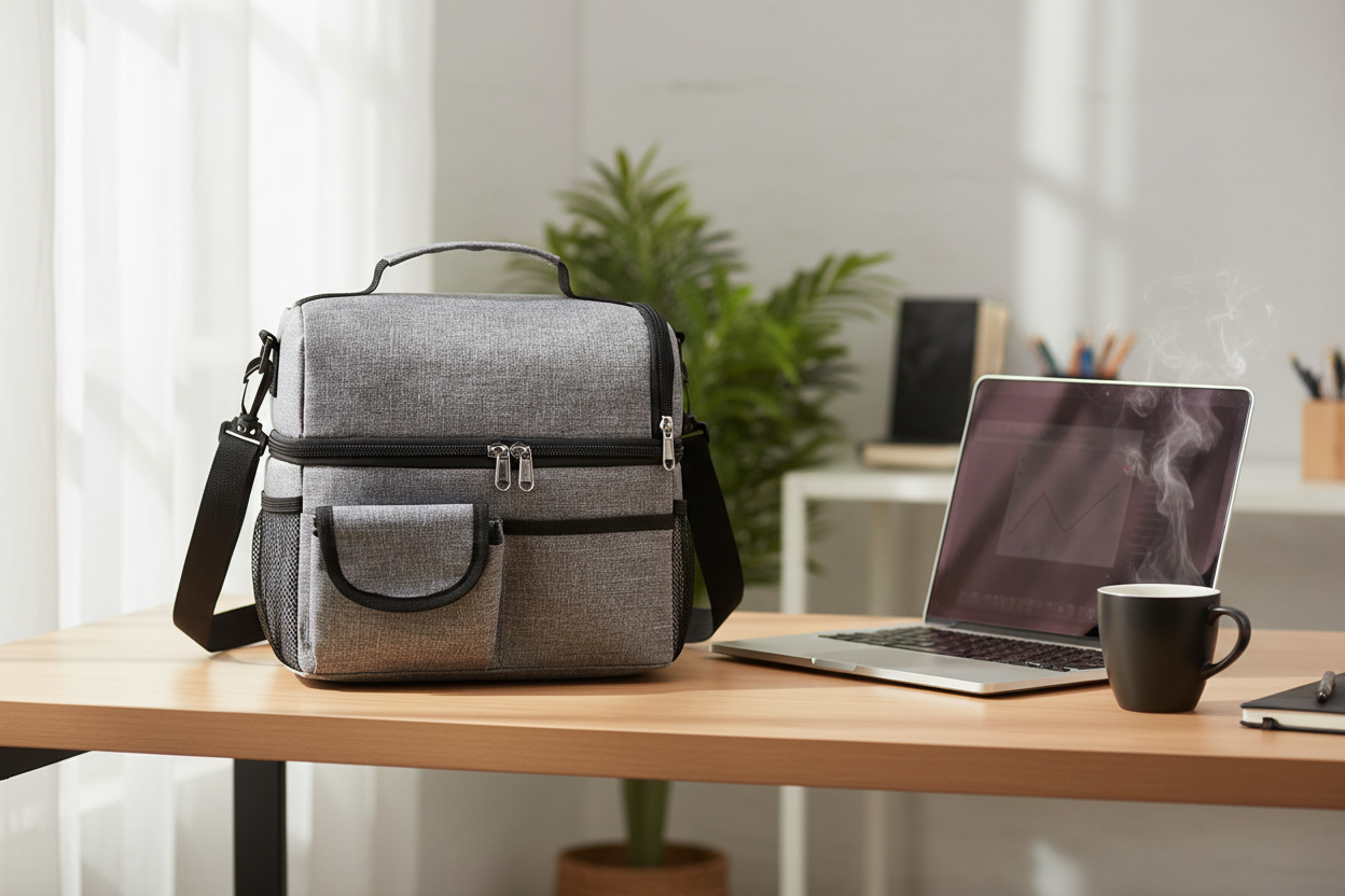 Insulated lunch bag on modern desk with laptop and coffee