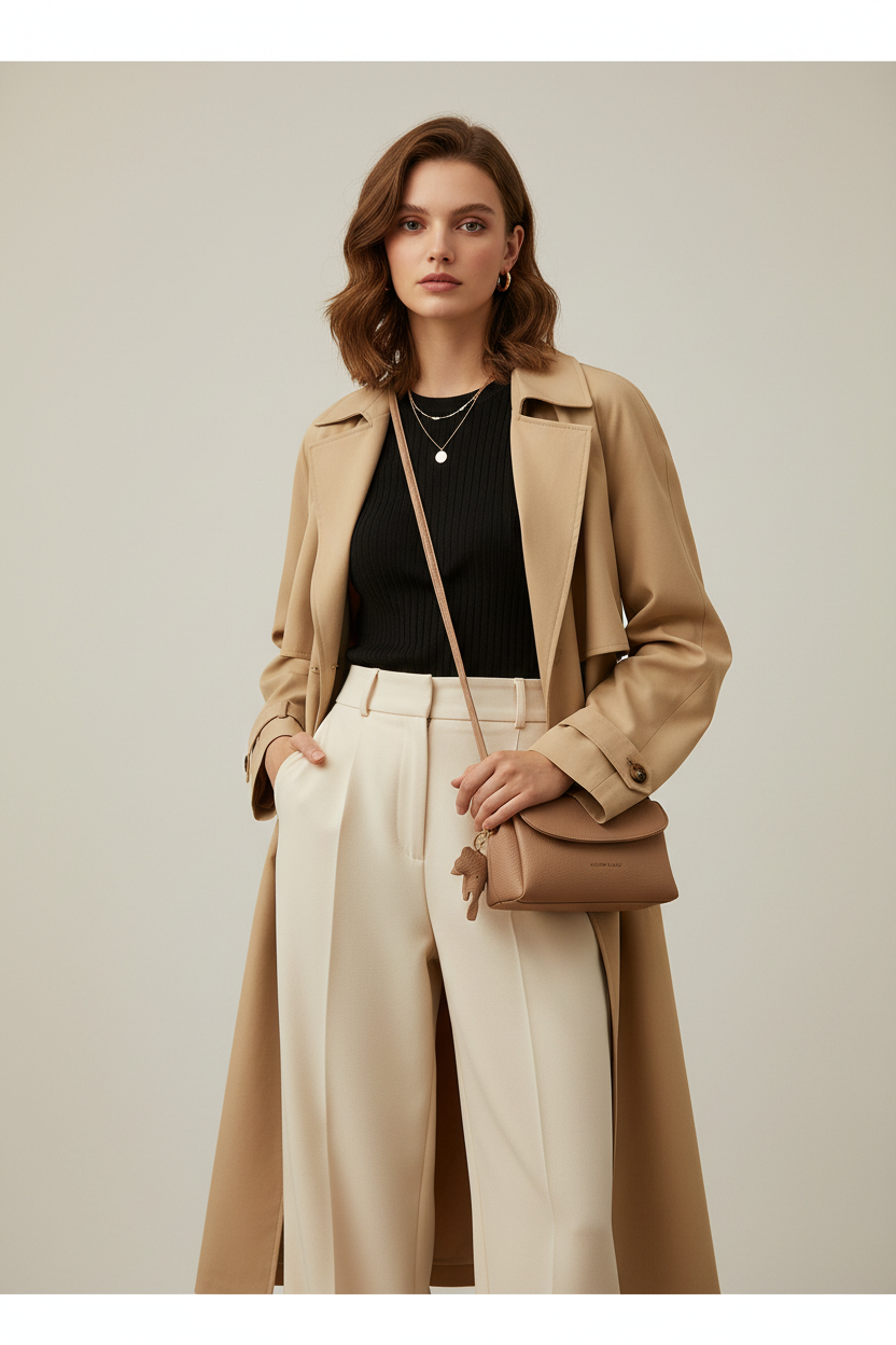 Woman standing with beige shoulder bag